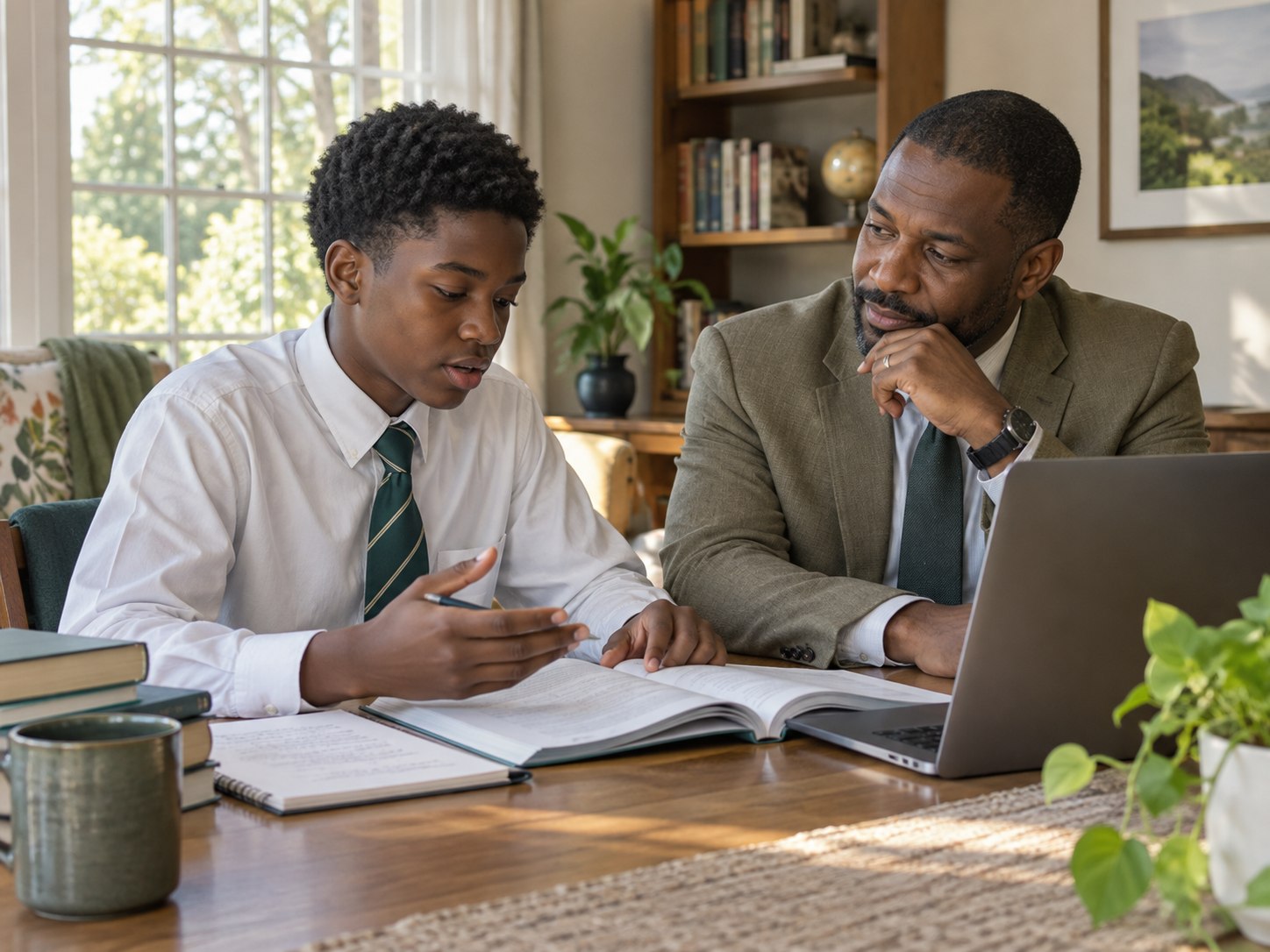 A student explaining an English passage while his father listens