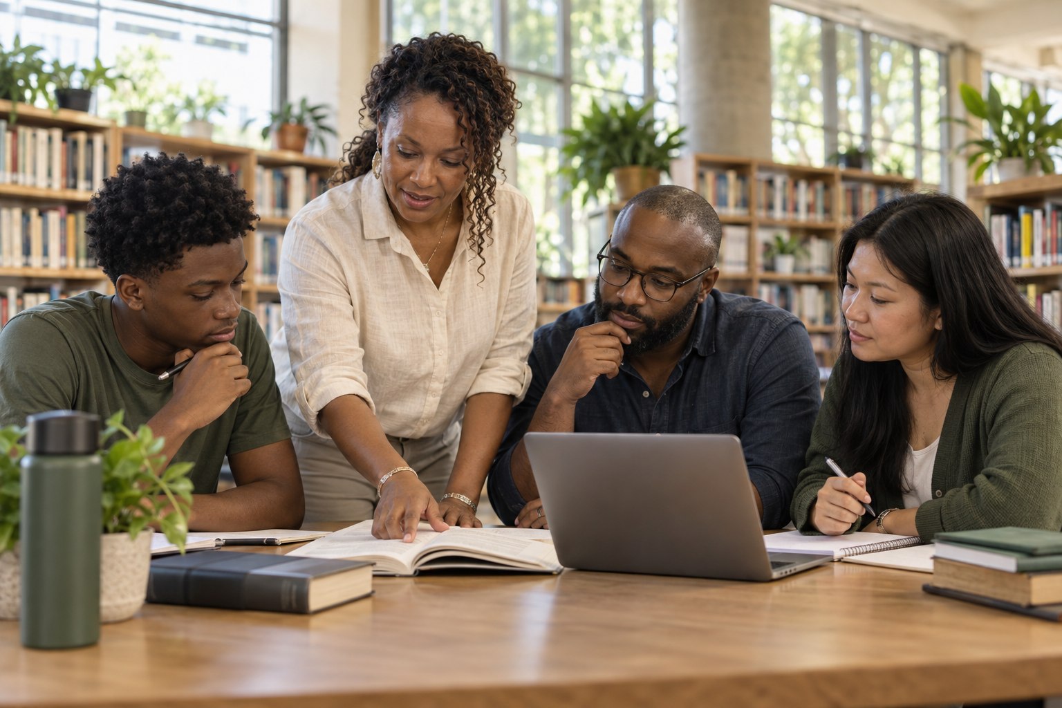 An English educator guiding a diverse group of learners in a bright library