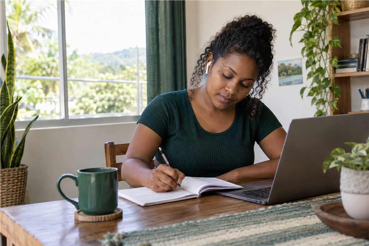 An adult learner completing an English lesson at home