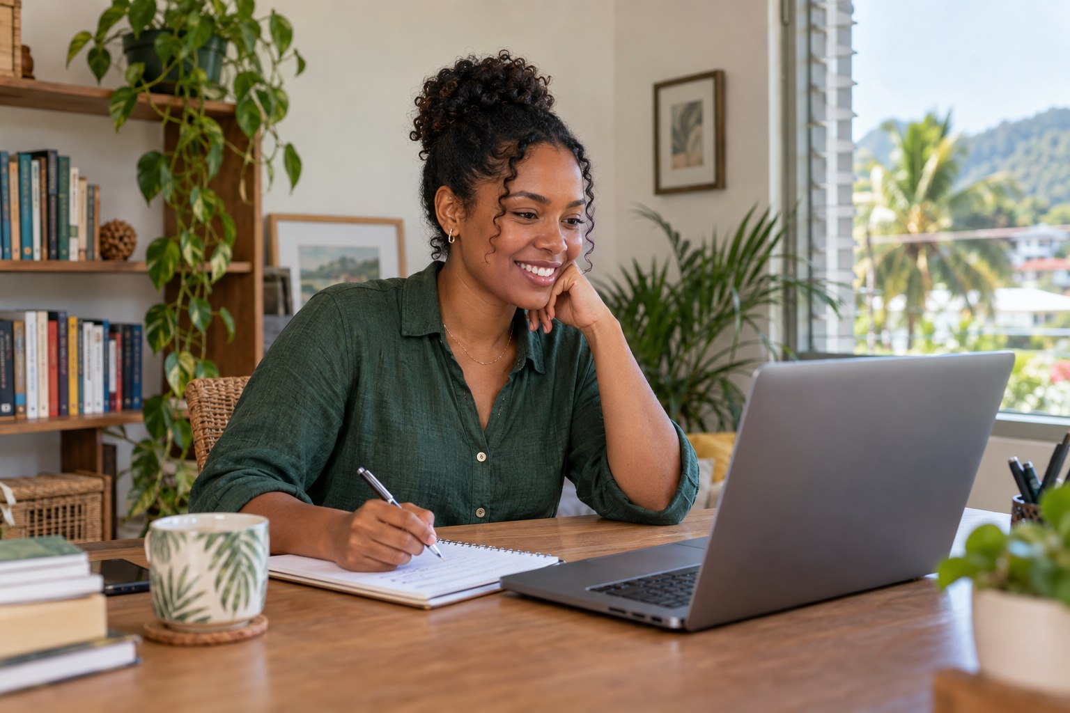 An adult learner taking notes during an online English tutoring session