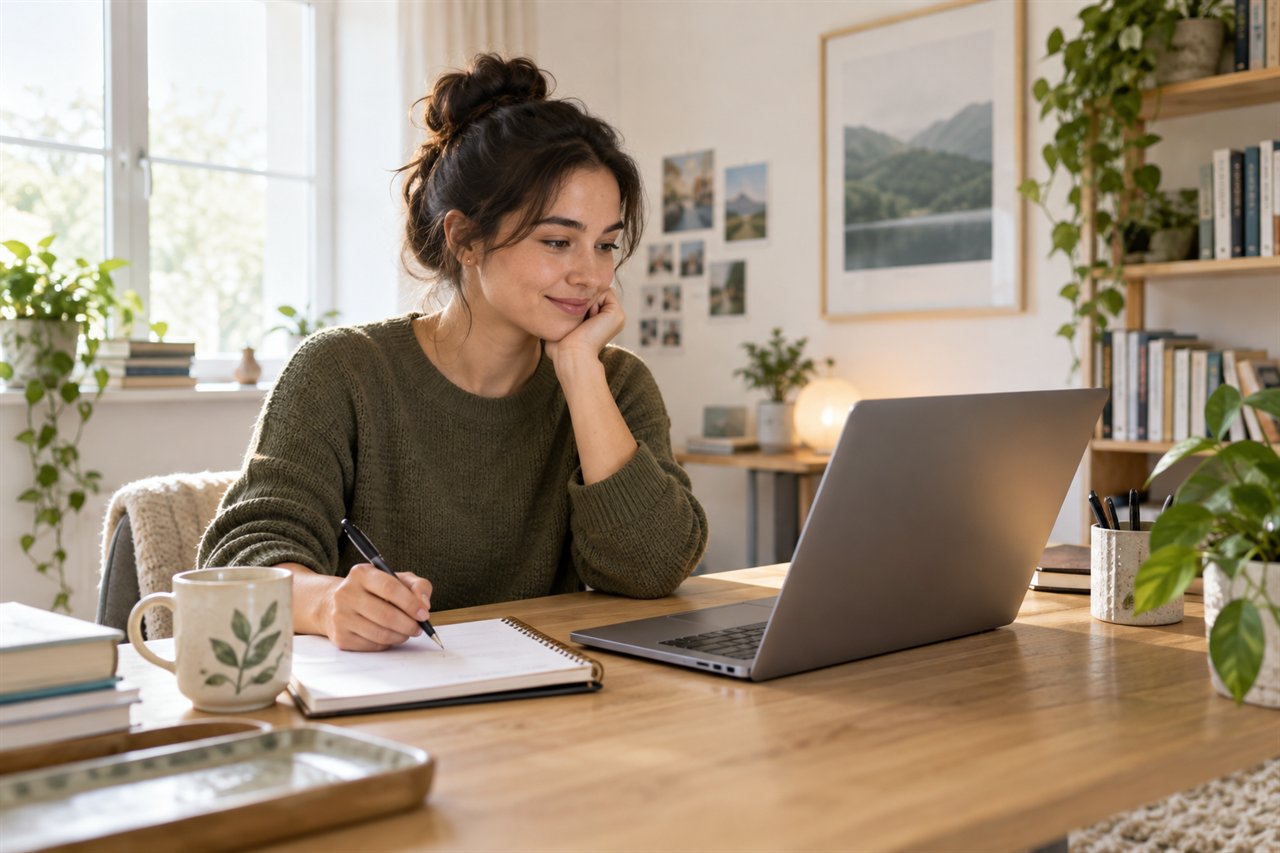 An adult learner preparing for an online English session at home