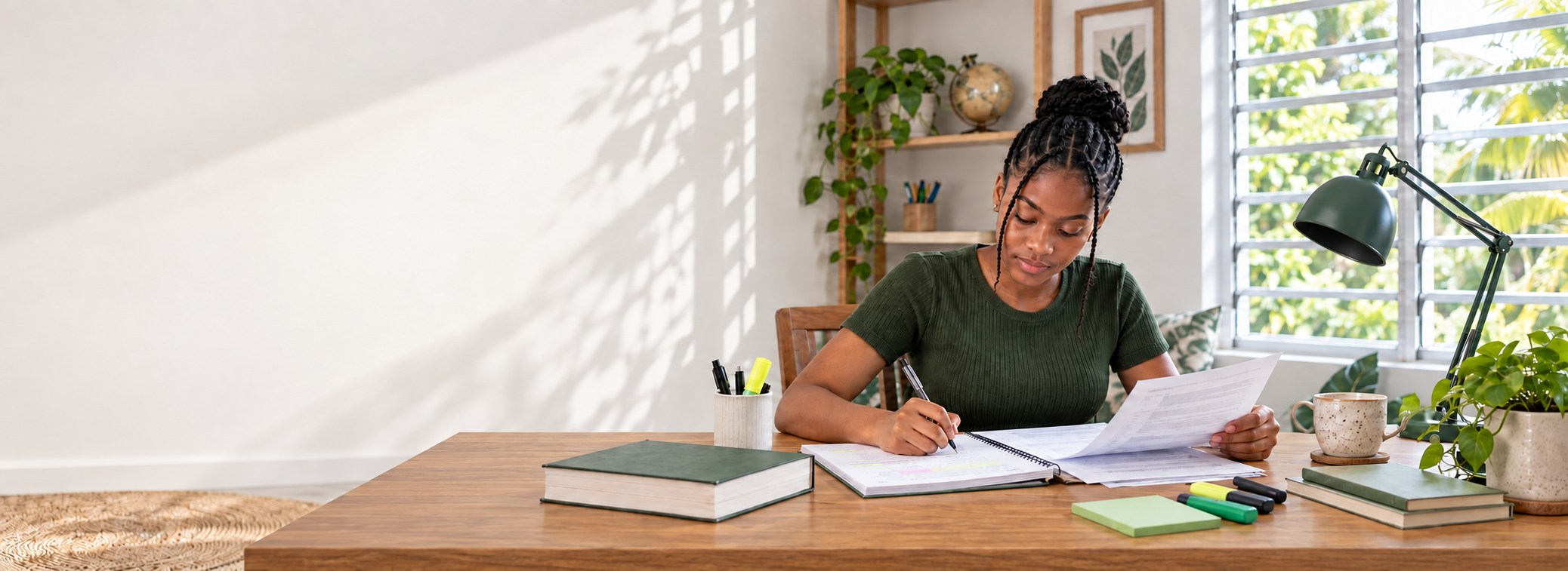 A student preparing for an English exam at home
