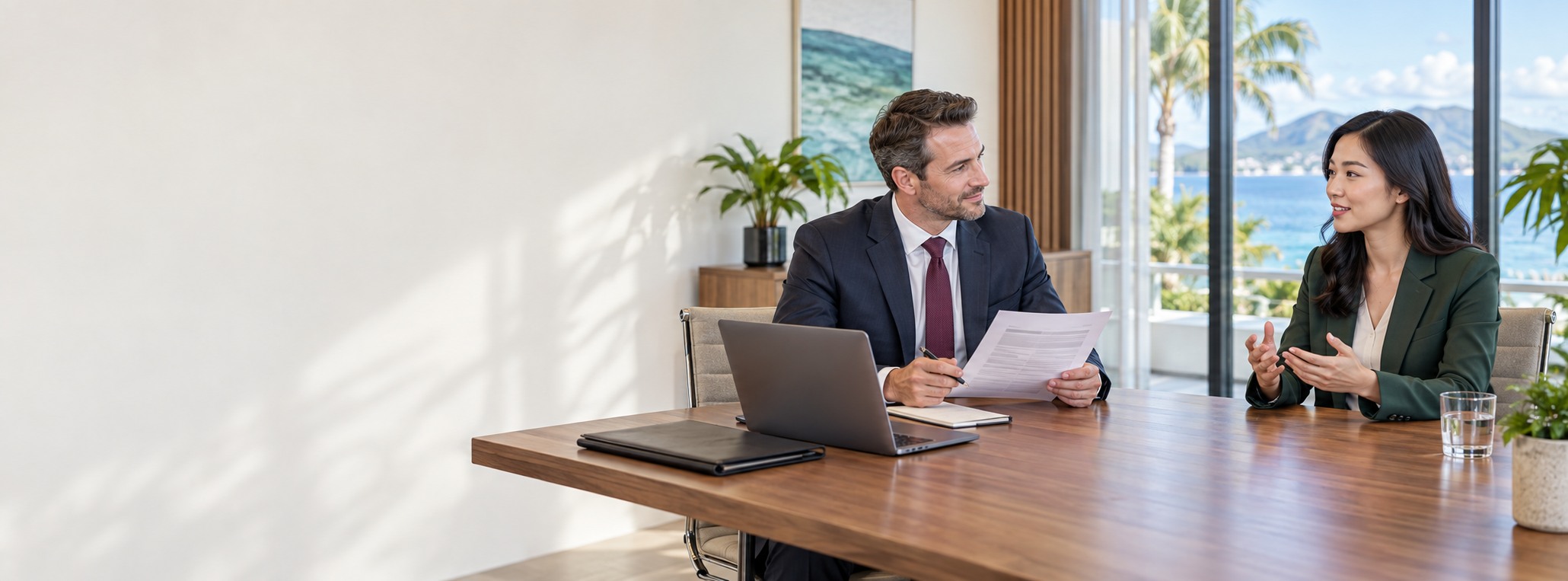 A sharply dressed interviewer listening as a professional answers a job interview question