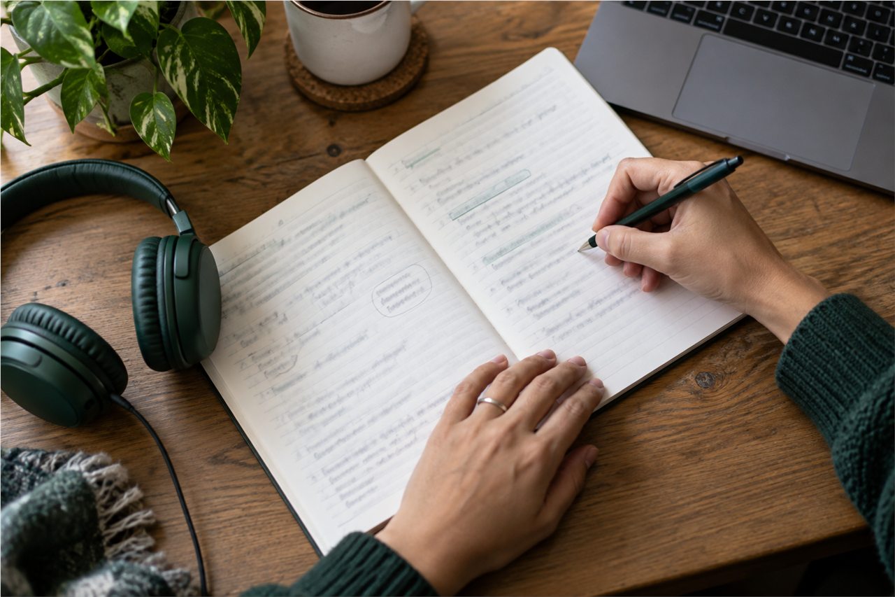 Notebook and headphones ready for an English lesson