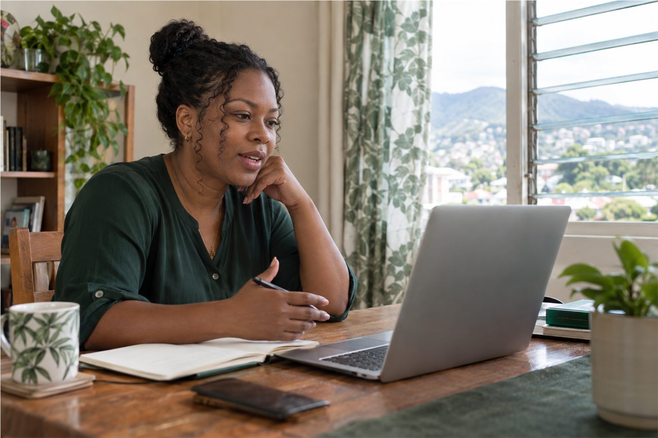 An adult learner speaking during an online English tutoring session